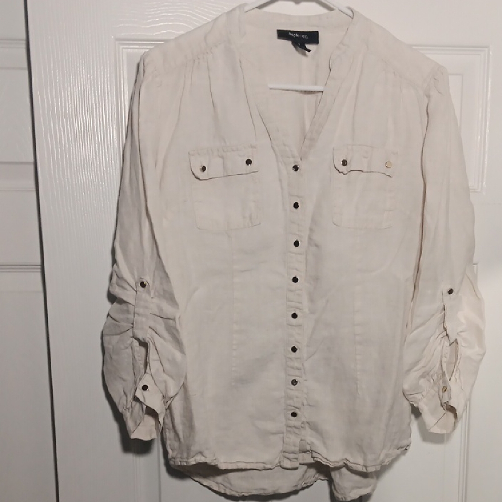 Style & Co. 100% Linen Casual Cream Button-Down Shirt